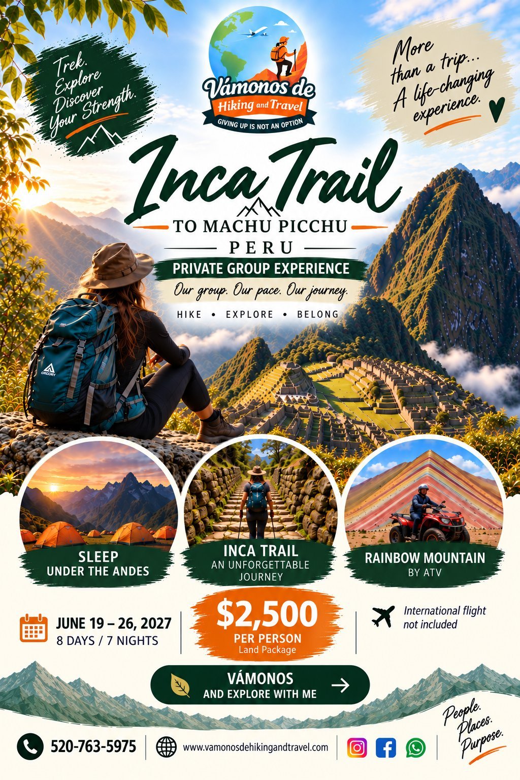 Inca Trail hiking tour poster featuring hiker overlooking Machu Picchu, promoting 8-day Peru trek for $2,500 per person, June 19-26, 2027